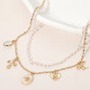 Cross Floral Heart Bow Charm Station Pearl Layered Necklace