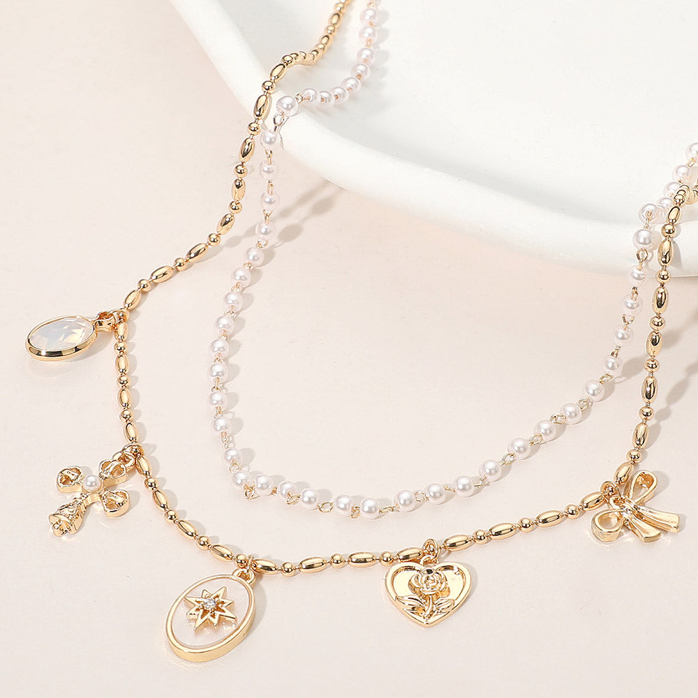 Cross Floral Heart Bow Charm Station Pearl Layered Necklace
