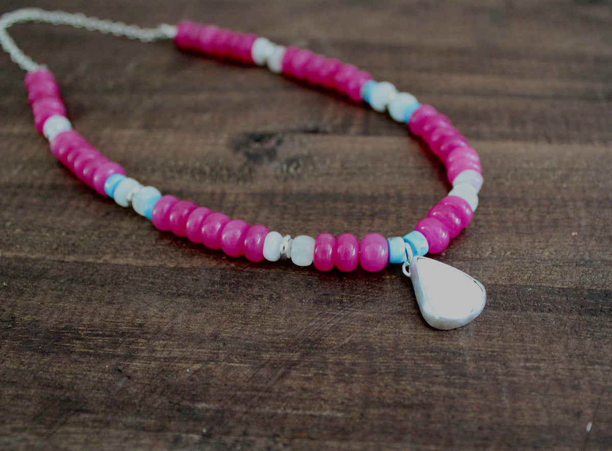 Ruby Jade beaded necklace with White Buffalo Turquoise Pendant