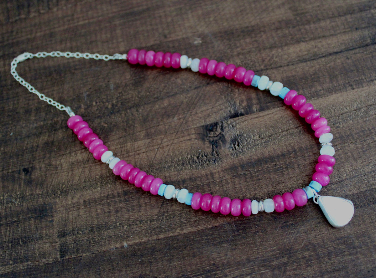 Ruby Jade beaded necklace with White Buffalo Turquoise Pendant