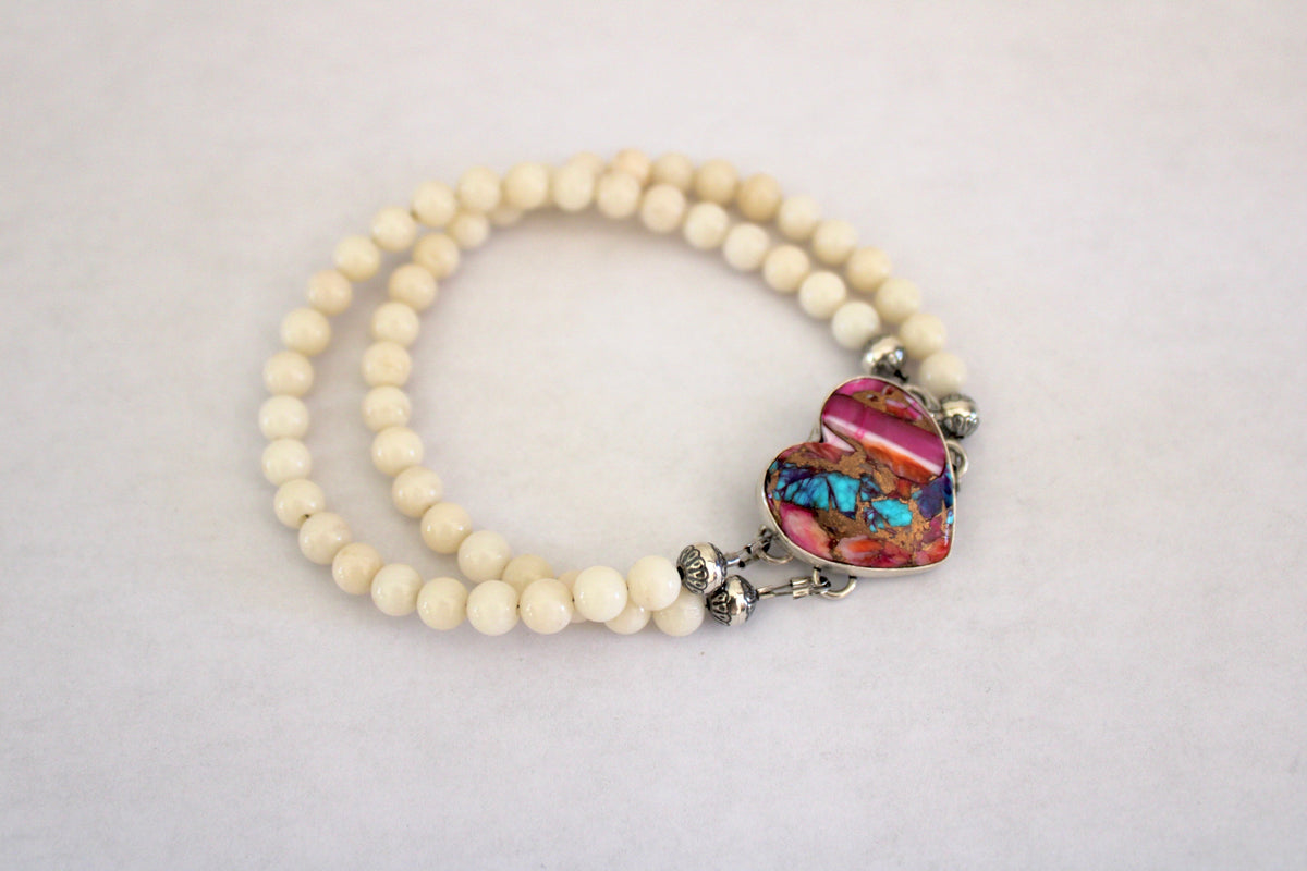 Pink Dahlia Turquoise Heart on a white coral beaded bracelet