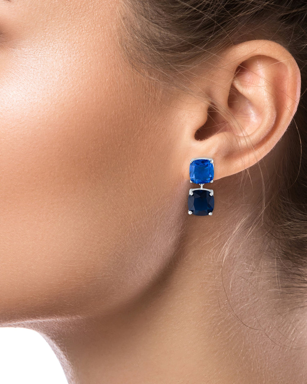 Double Blue Sapphire Cushion Drop Earrings