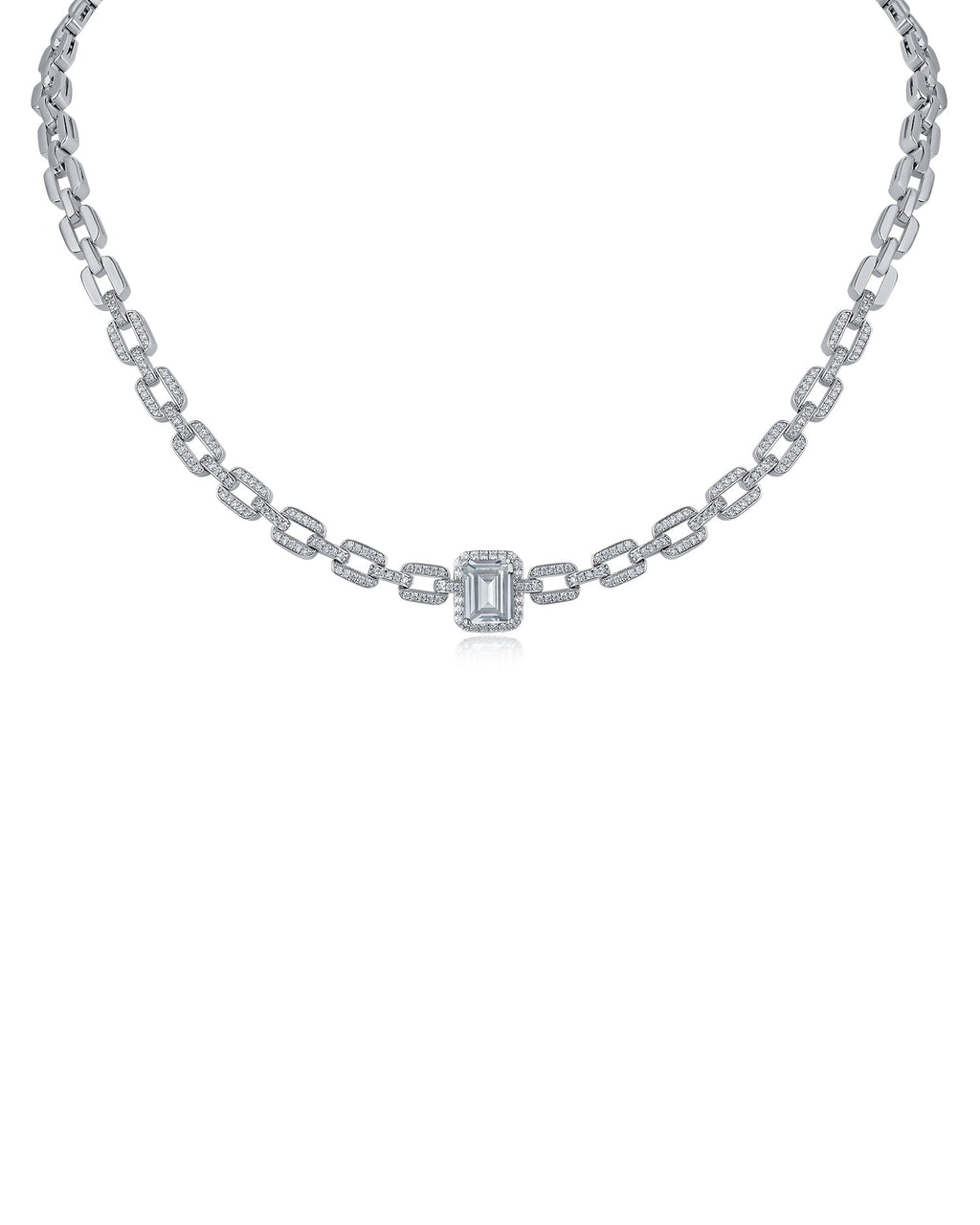 Pave and Emerald CZ Link Necklace