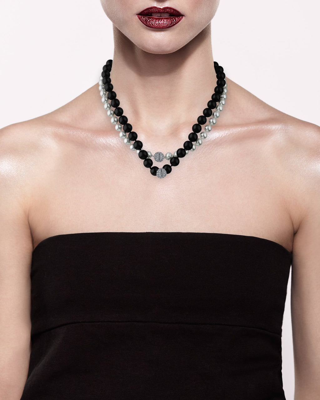 Double Pave Clasp Pearl Necklace