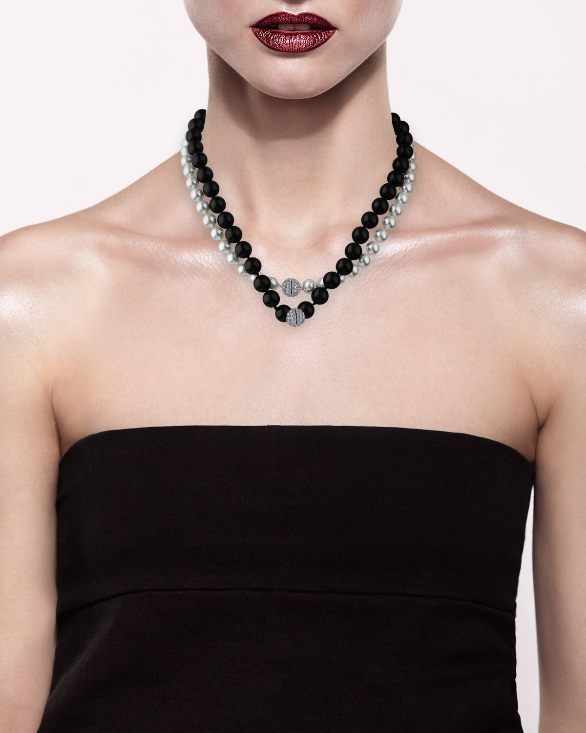 Double Pave Clasp Pearl Necklace
