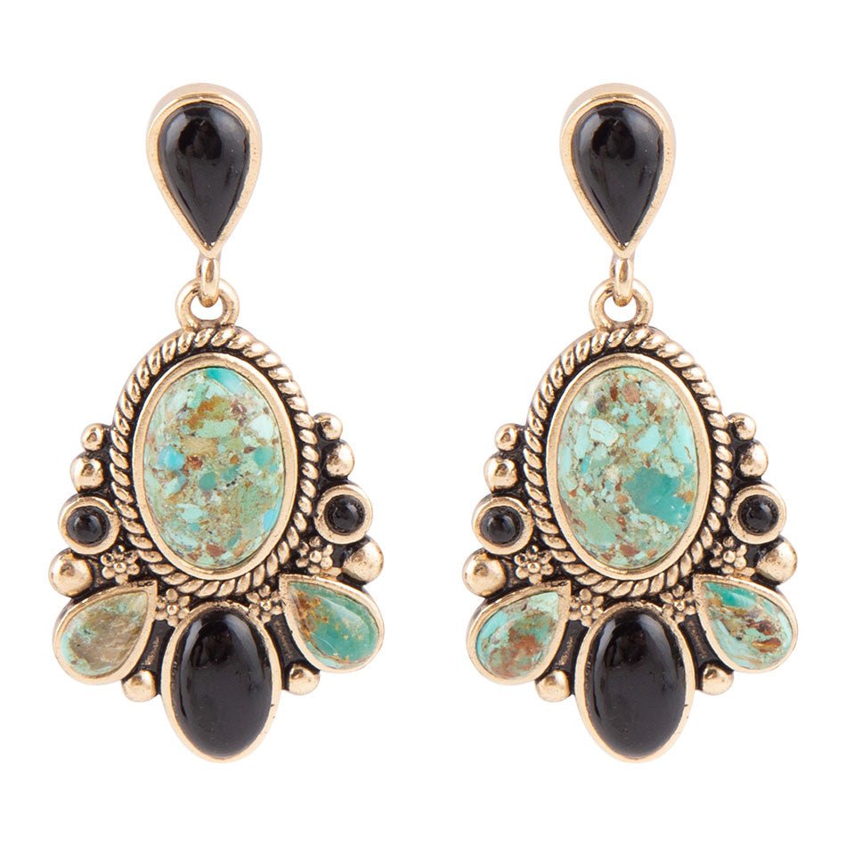Barcelona Blue Turquoise and Black Onyx Post Drop Golden Earrings
