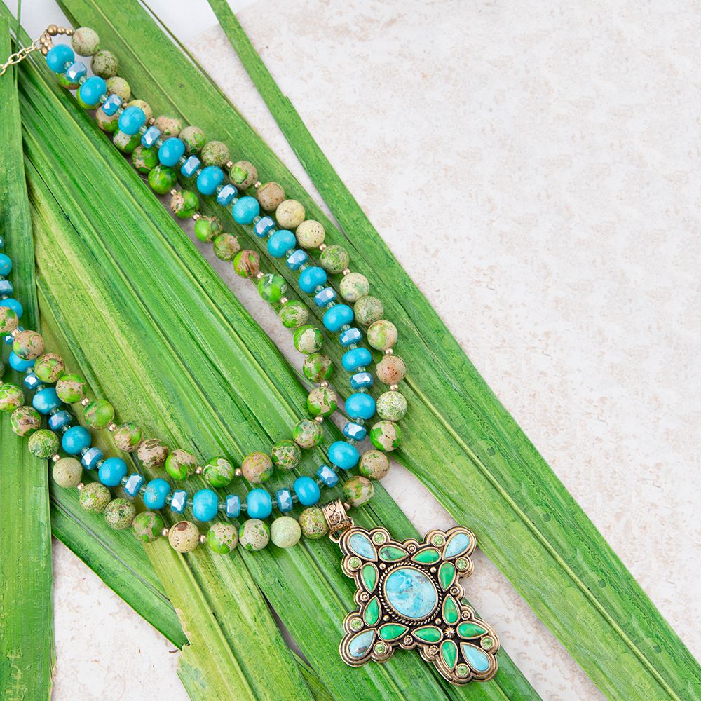 Legacy Lime Green and Blue Turquoise Golden Cross Pendant Statement Necklace