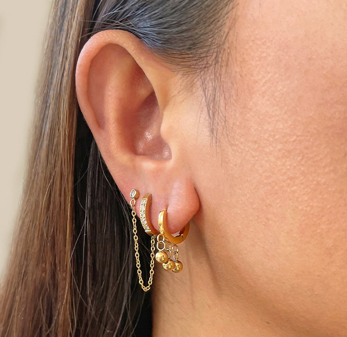 GIGI GOLD BEADED BALL DROP HUGGIE EARRINGS
