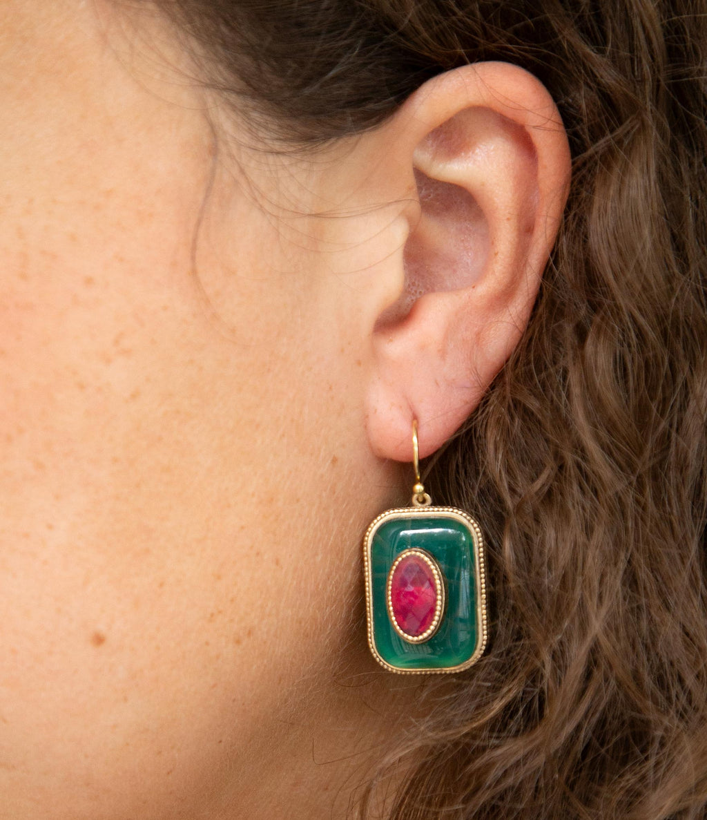 Green Onyx Stacked Red Stone Golden Drop Earrings