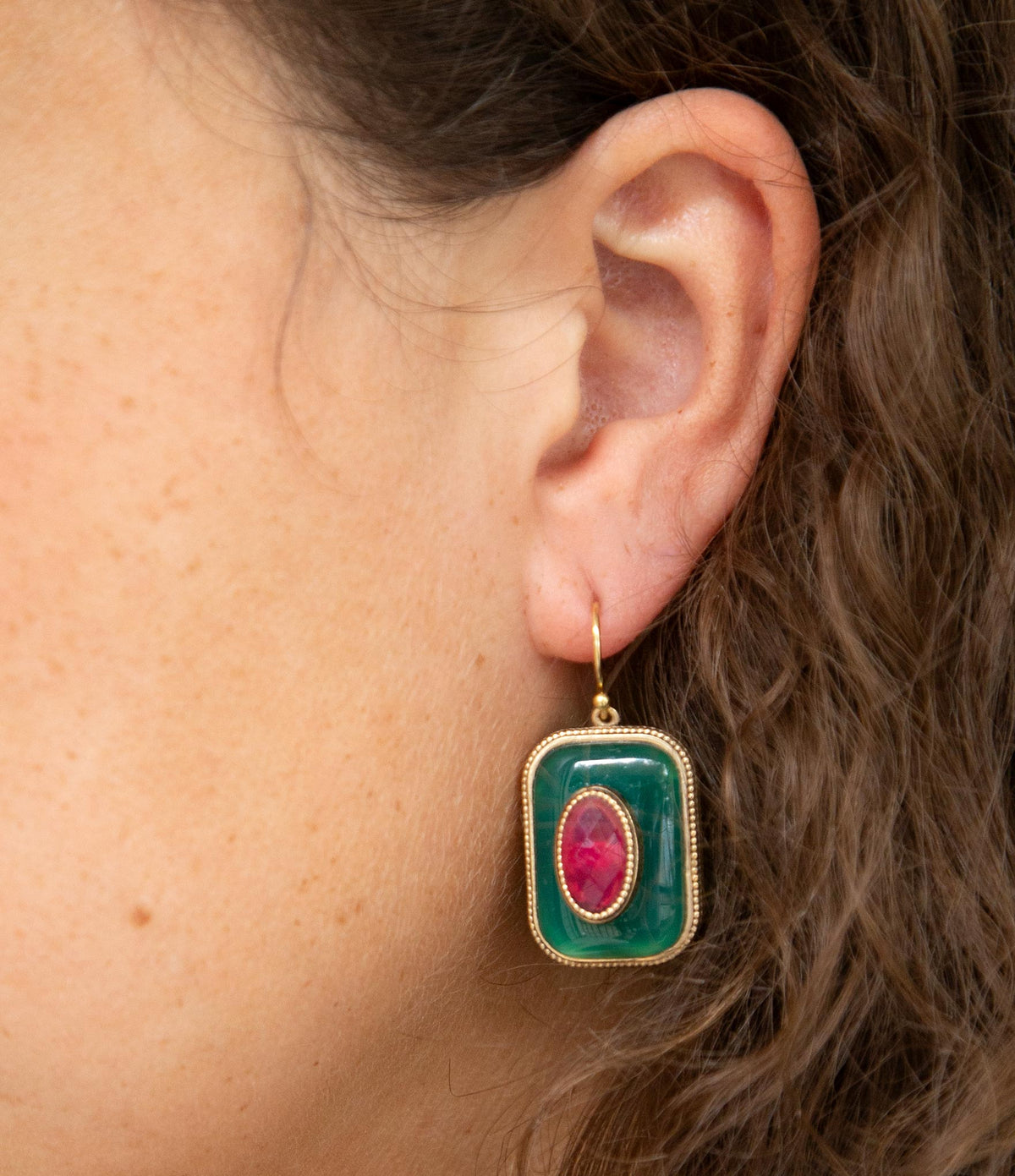 Green Onyx Stacked Red Stone Golden Drop Earrings