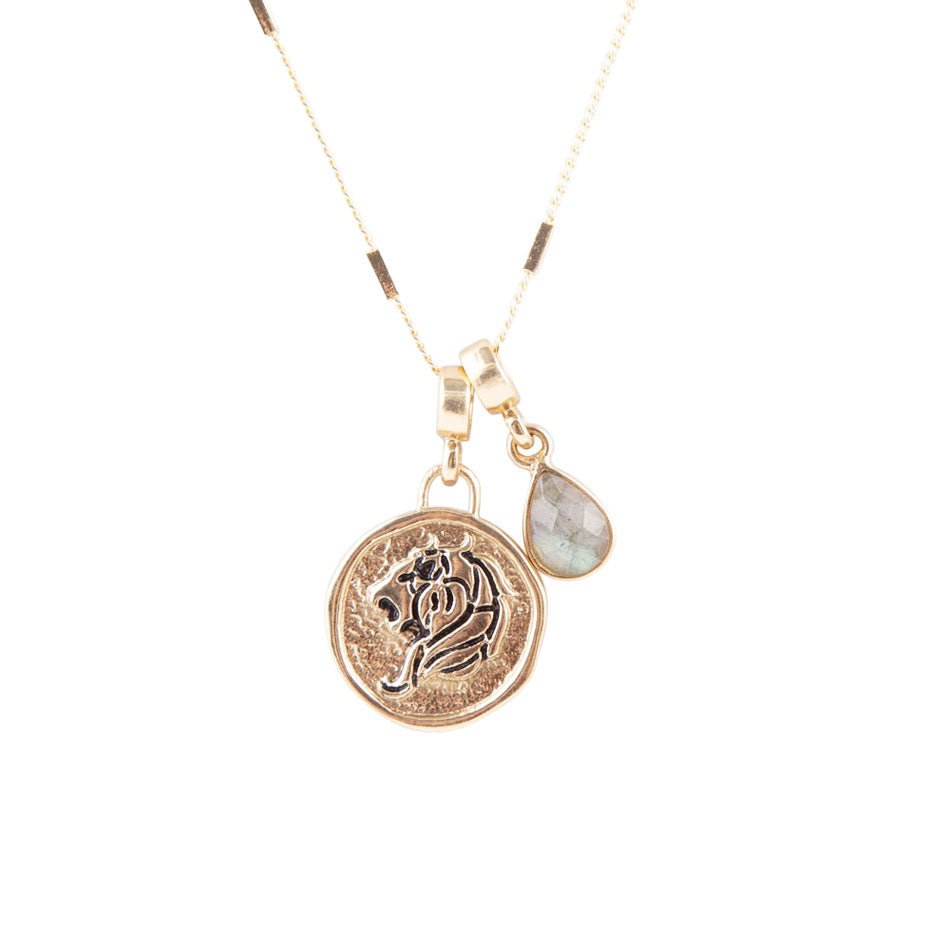 Leo - Zodiac Gray Labradorite Golden Charm Necklace