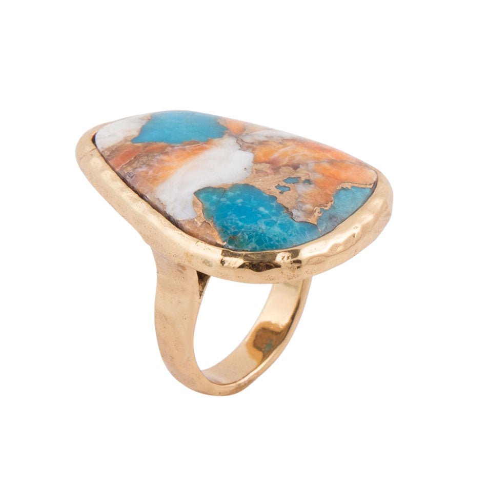 Orange Spiny Oyster and Blue Turquoise Matrix Abstract Golden Ring
