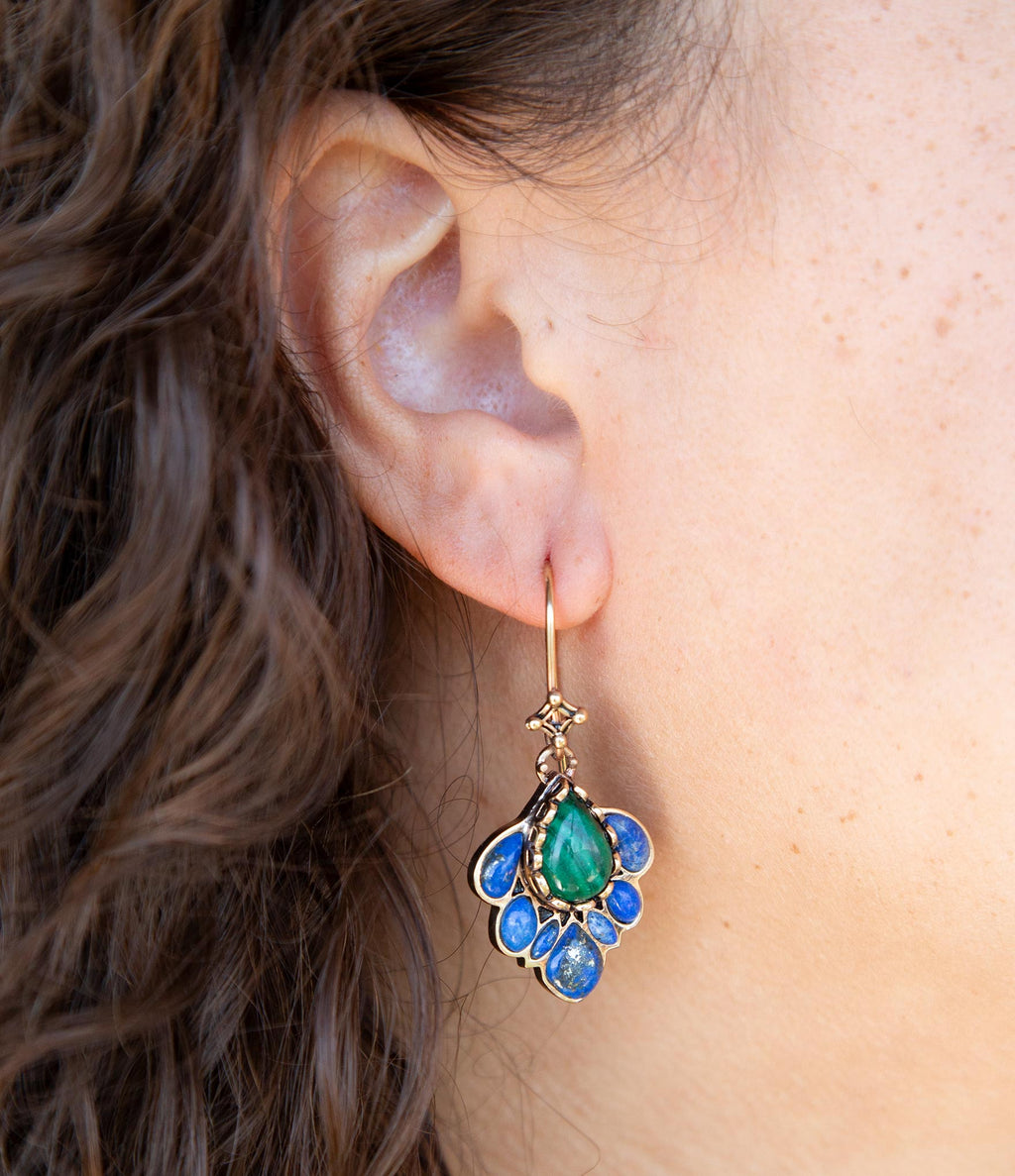 Peacock Blue Lapis Golden Drop Earrings