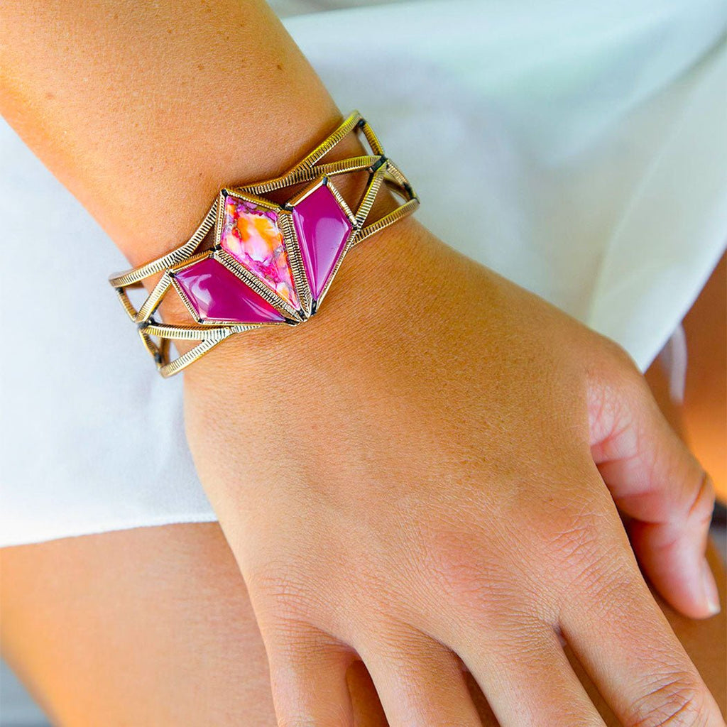 Pink Agate and Coral Matrix Golden Cuff Bracelet