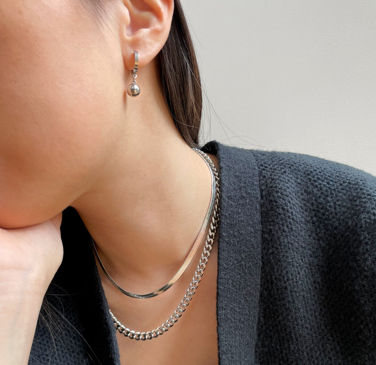 ELLIE SILVER BALL DROP HUGGIE EARRINGS