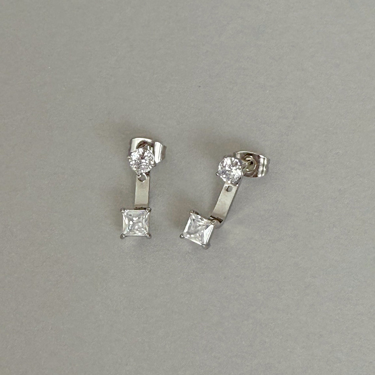 PEYTON SILVER SQUARE DIAMOND STUD EAR JACKET EARRINGS