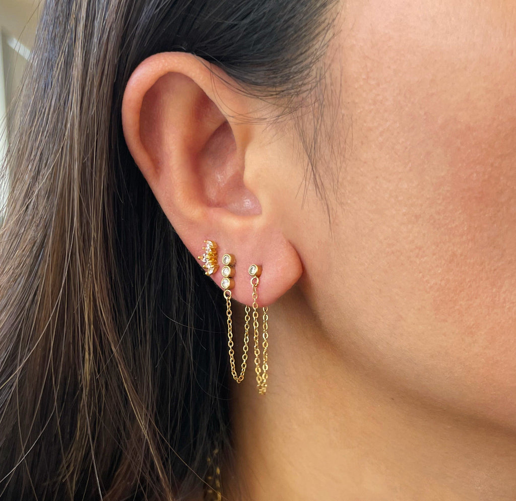 JOAN SOLITAIRE STUD GOLD LOOP CHAIN EARRINGS