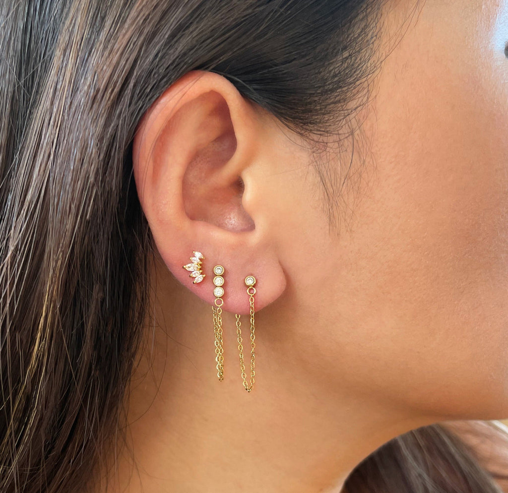 JOAN SOLITAIRE STUD GOLD LOOP CHAIN EARRINGS