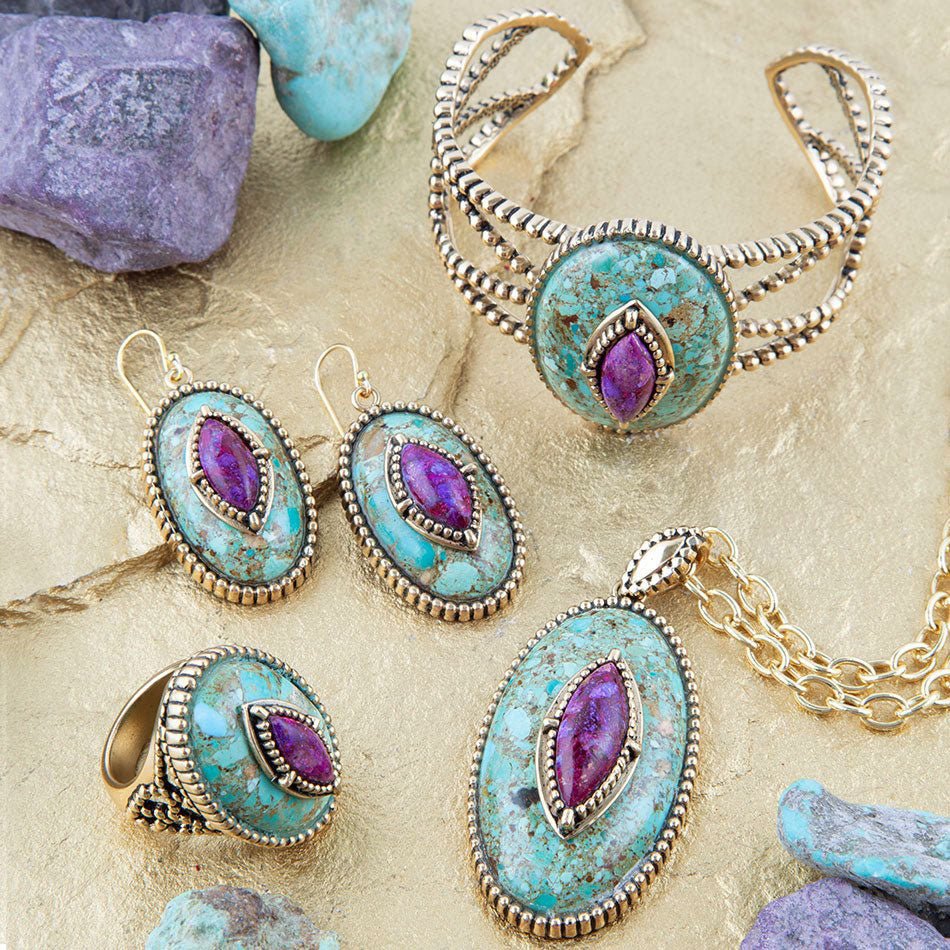 Stacked Stone Blue and Purple Turquoise Golden Ring