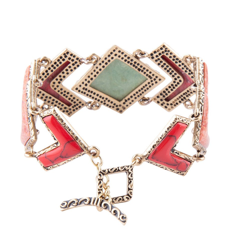 Green Turquoise and Coral Tapestry Golden Link Bracelet