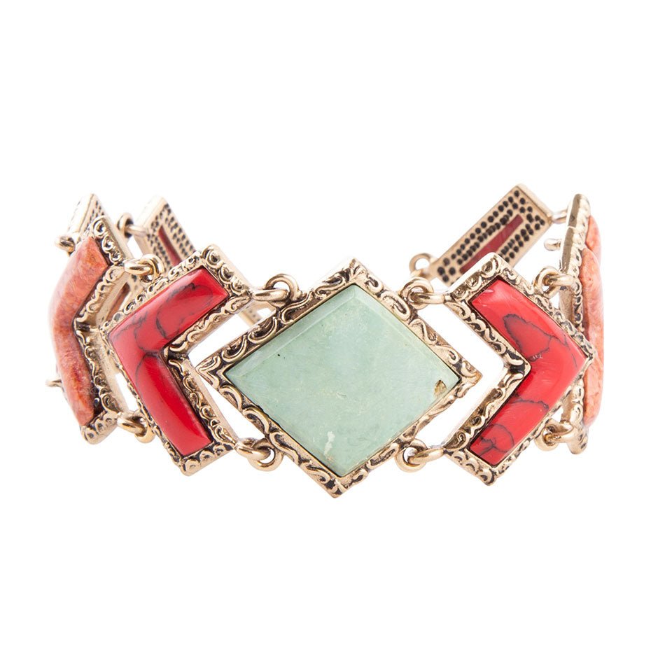 Green Turquoise and Coral Tapestry Golden Link Bracelet