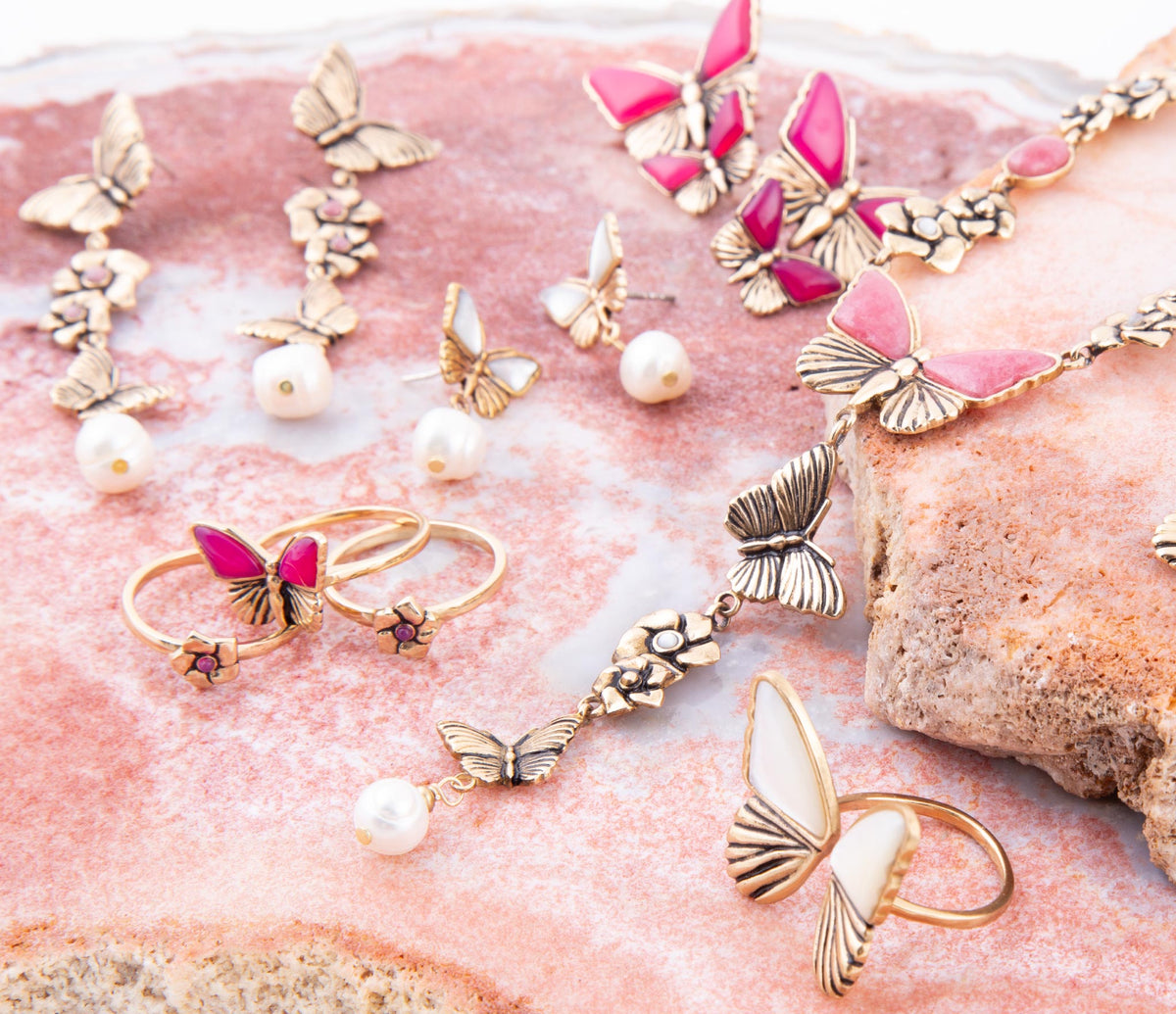 White Mother of Pearl Golden Butterfly Statement Ring